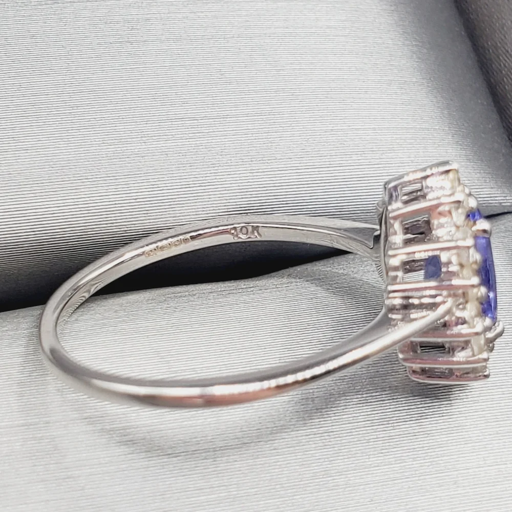 10k Solid White Gold Oval Tanzanite & Round White Topaz Halo Ring